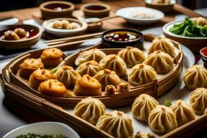 une table avec beaucoup différent les types de Dumplings. généré par ai photo