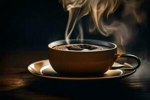 une tasse de café est fumant sur une en bois tableau. généré par ai photo