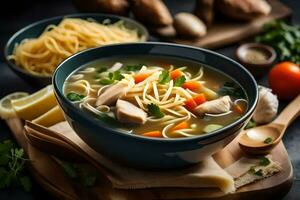 poulet nouille soupe avec des légumes et nouilles dans une bol. généré par ai photo