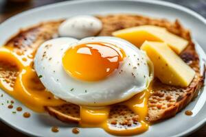 un Oeuf sur pain grillé avec fromage et beurre. généré par ai photo