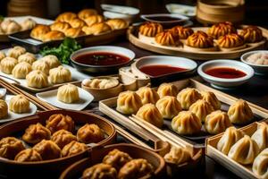 une table rempli avec divers les types de Dumplings. généré par ai photo