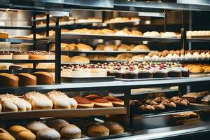 une boulangerie afficher avec beaucoup différent les types de pain. généré par ai photo