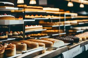 beaucoup différent les types de des pâtisseries sont sur afficher dans une boulangerie. généré par ai photo