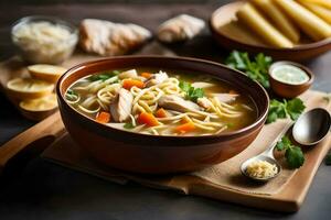 poulet nouille soupe dans une bol avec une en bois cuillère. généré par ai photo