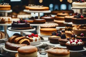 beaucoup différent les types de Gâteaux sont sur afficher. généré par ai photo