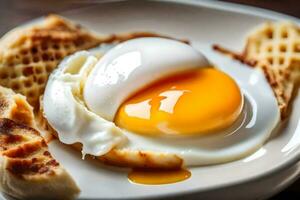 un Oeuf est sur une gaufre avec sirop. généré par ai photo