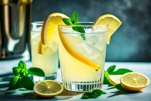 deux des lunettes de limonade avec menthe feuilles et citrons. généré par ai photo