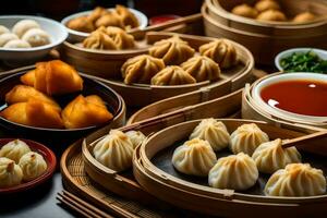 une variété de Dumplings et autre nourriture dans bambou paniers. généré par ai photo