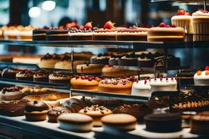 beaucoup différent les types de Gâteaux sont sur afficher dans une boulangerie. généré par ai photo