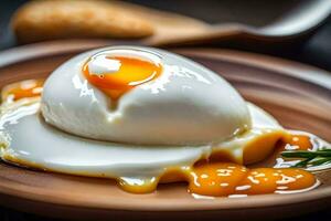 un Oeuf sur une assiette avec une cuillère. généré par ai photo