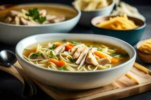 poulet nouille soupe dans une bol. généré par ai photo