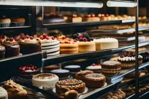 beaucoup différent les types de Gâteaux sont sur afficher dans une boulangerie. généré par ai photo