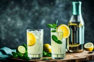 deux des lunettes de limonade avec menthe feuilles et citrons. généré par ai photo