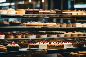 beaucoup différent les types de Gâteaux sont sur afficher dans une boulangerie. généré par ai photo