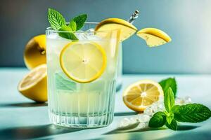 limonade avec menthe feuilles et citrons sur une bleu Contexte. généré par ai photo