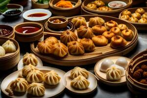 une table plein de Dumplings et autre aliments. généré par ai photo