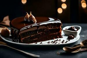 une pièce de Chocolat gâteau sur une plaque. généré par ai photo