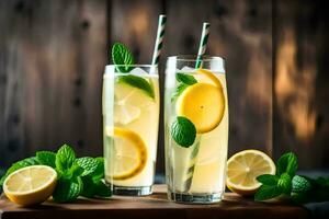 deux des lunettes de limonade avec menthe feuilles et citrons. généré par ai photo