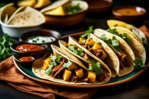 tacos avec Viande et des légumes sur une plaque. généré par ai photo