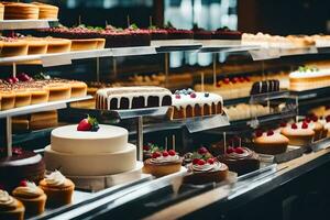 une afficher de Gâteaux et des pâtisseries dans une boulangerie. généré par ai photo