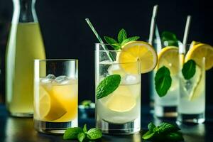 une groupe de les boissons avec citron et menthe feuilles. généré par ai photo