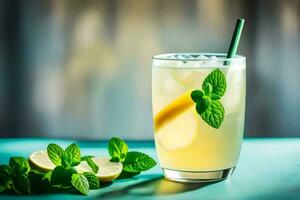 une verre de limonade avec menthe feuilles et citron tranches. généré par ai photo