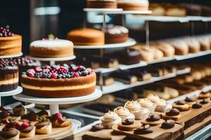 une afficher de Gâteaux et des pâtisseries dans une boulangerie. généré par ai photo