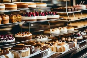 beaucoup différent les types de Gâteaux sont sur afficher dans une boulangerie. généré par ai photo