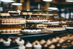 beaucoup différent les types de Gâteaux sont sur afficher dans une boulangerie. généré par ai photo