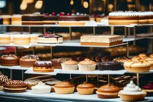 beaucoup différent les types de Gâteaux sont affiché sur une étagère. généré par ai photo