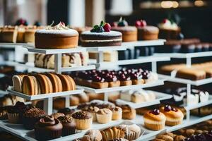 beaucoup différent les types de Gâteaux sur afficher dans une boulangerie. généré par ai photo