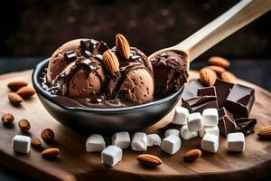 Chocolat la glace crème avec amandes et guimauves dans une bol. généré par ai photo
