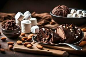 Chocolat la glace crème avec guimauves et amandes. généré par ai photo