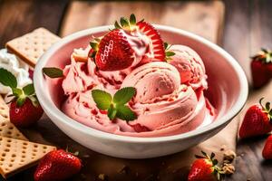 une bol de la glace crème avec des fraises et biscuits. généré par ai photo