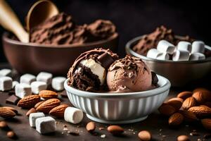 Chocolat la glace crème dans une bol avec amandes et guimauves. généré par ai photo