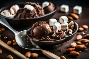 Chocolat la glace crème avec guimauves et amandes dans une bol. généré par ai photo
