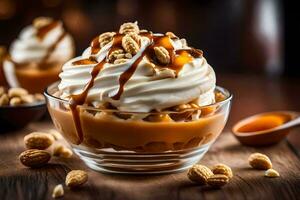 caramel et cacahuètes dans une verre dessert. généré par ai photo