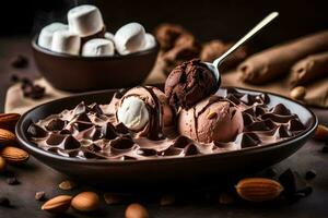 Chocolat la glace crème avec guimauves et amandes dans une bol. généré par ai photo