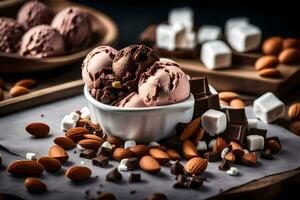 Chocolat la glace crème, amandes et guimauves dans une bol. généré par ai photo
