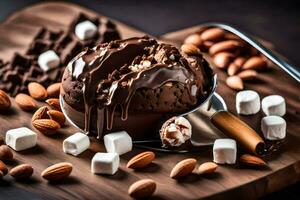 Chocolat la glace crème avec guimauves et amandes sur une en bois Coupe planche. généré par ai photo