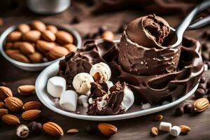 Chocolat la glace crème avec amandes et guimauves. généré par ai photo