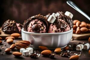 Chocolat la glace crème avec amandes et guimauves. généré par ai photo