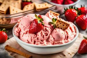 fraise la glace crème dans une bol avec craquelins. généré par ai photo