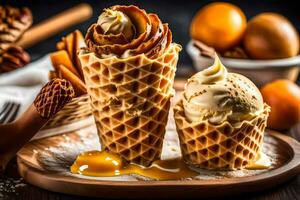 la glace crème dans gaufre cônes sur une en bois tableau. généré par ai photo