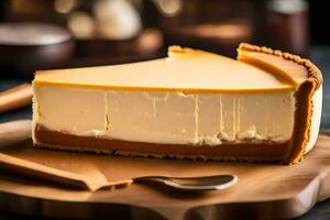 une tranche de cheesecake sur une en bois planche. généré par ai photo