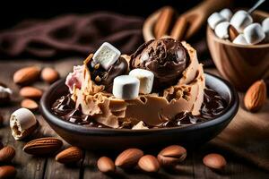 Chocolat la glace crème avec guimauves et amandes sur une en bois tableau. généré par ai photo