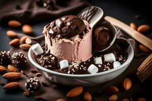 Chocolat la glace crème avec amandes et guimauves dans une bol. généré par ai photo