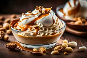 caramel la glace crème avec des noisettes et caramel sauce dans une verre bol. généré par ai photo