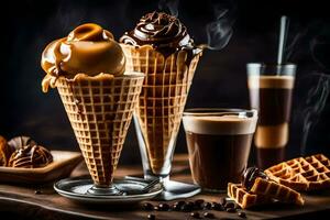 Trois gaufre cônes avec la glace crème et Chocolat. généré par ai photo