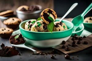 Chocolat puce la glace crème dans une bol avec menthe feuilles. généré par ai photo